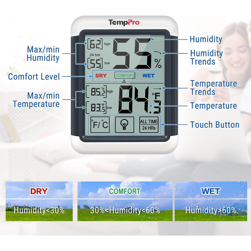 Temppro Tempair Digital Indoor Hygrometer Thermometer With Touchscreen | 4-Inch Temperature/Humidity Monitor With Backlit, Room Thermometer/Humidity Meter For House Home Greenhouse