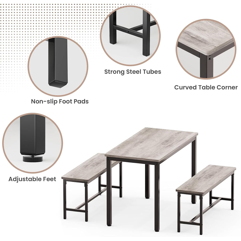 Dining Table Set For 4, Kitchen Table With 2 Benchs, Grey | Modern Functional 3 Piece Space-Saving Dining Room Table Set For Apartment, Breakfast Nook, Small Space