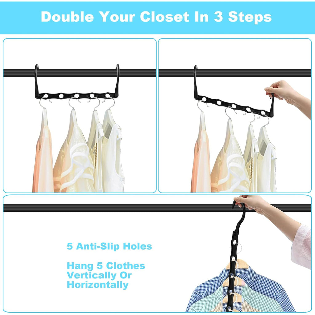 Space Saving Hangers 10 Pack, Heavy Duty Magic Cascading Hanger Organizer With 5 Enclosed Anti-Slip Holes, Closet Organizers And Storage For Clothes, College Dorm Room Essentials, Black