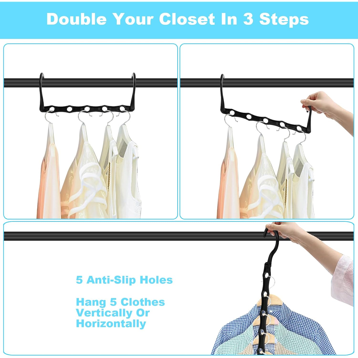 Space Saving Hangers 10 Pack, Heavy Duty Magic Cascading Hanger Organizer With 5 Enclosed Anti-Slip Holes, Closet Organizers And Storage For Clothes, College Dorm Room Essentials, Black