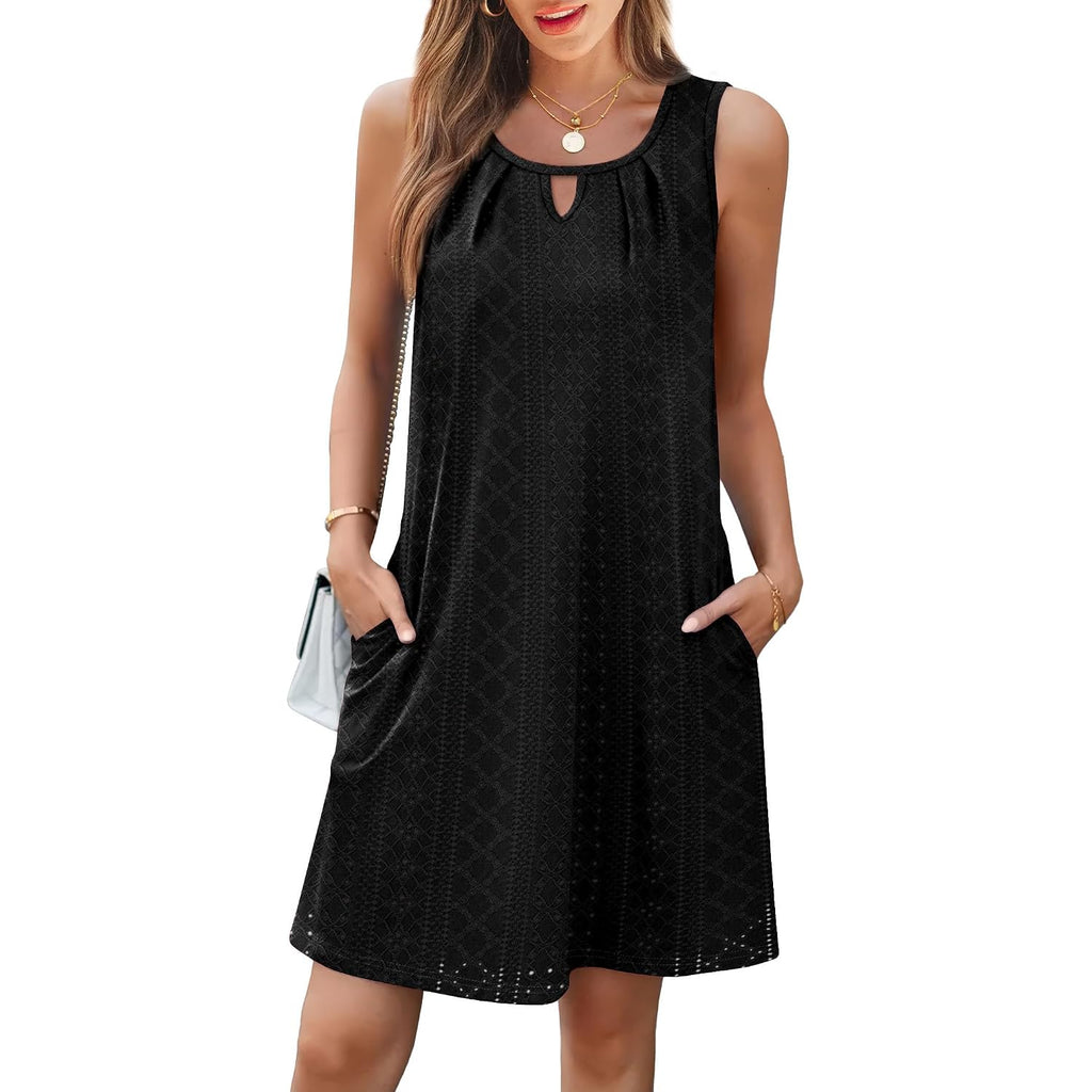 Rumia Swimsuit Coverup For Women Summer Sleeveless Beach Dress | Crew Neck, Pockets, Eyelet, Boho, Above Knee Length, A-Line. Everyday Wear, Sundresses, Cruise Wear, Vacation Essential