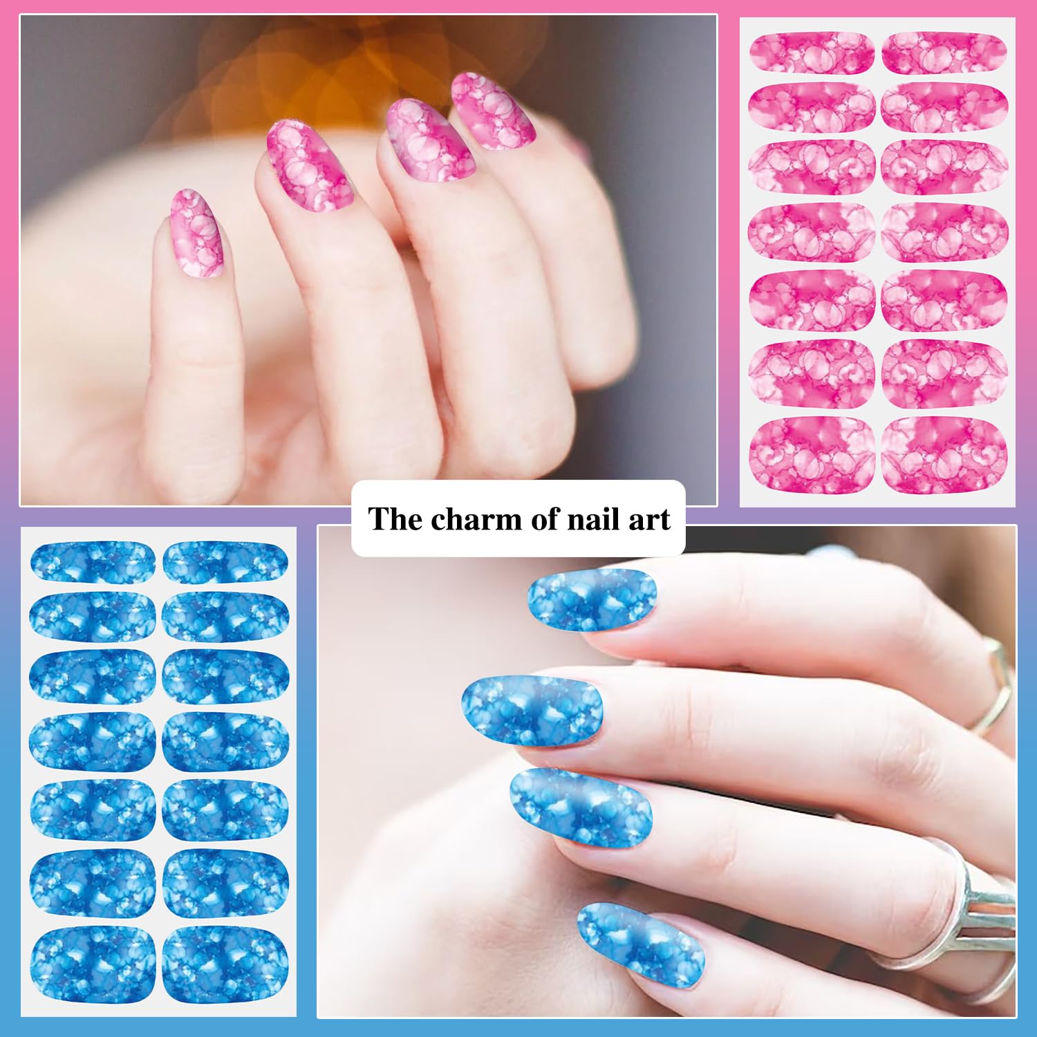 12 Sheets Iridescent Marble Nail Polish Stickers Full Nail Wraps for Women, Blue, Acrylic, Modern Style, Nail Art Stickers and Decals, Glossy Finish, 168 Pieces