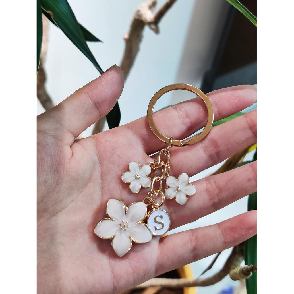Pink/White/Black Cute Enamel Flower Initial Letter Bag Charms Keychain Aesthetic Accessory Keyring Purse Backpacks