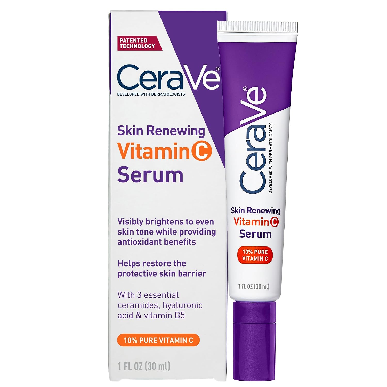 Cerave Vitamin C Serum For Face With 10% Pure Vitamin C, Hyaluronic Acid & 3 Essential Ceramides, Skin Brightening Antioxidant Serum, Hydrates & Improves Skin Tone & Texture, Fragrance-Free, 1Oz
