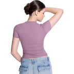 Pumiey Women'S Crew Neck Short Sleeve Tops Double Lined Slim Fit T Shirts Basic Tee Smoke Cloud Pro Collection