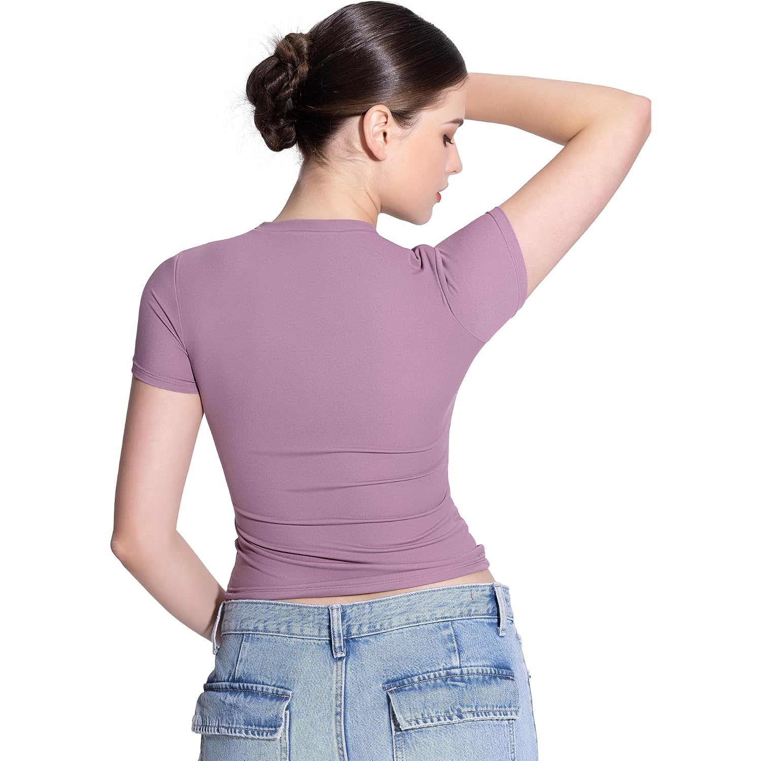 Pumiey Women'S Crew Neck Short Sleeve Tops Double Lined Slim Fit T Shirts Basic Tee Smoke Cloud Pro Collection