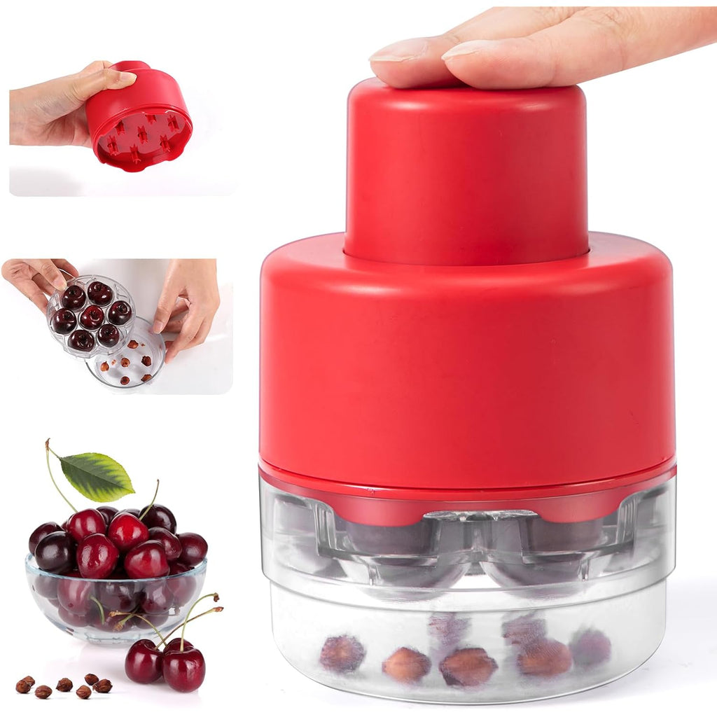 Schvubenr 7-In-1 Large Cherry Pitter Tool - Portable Cherry Corer Pitter With Ergonomic Push Design - Easy To Use For Making Cherry Jam - Pit 7 Cherries At Once, Saving Time & Effort - Red
