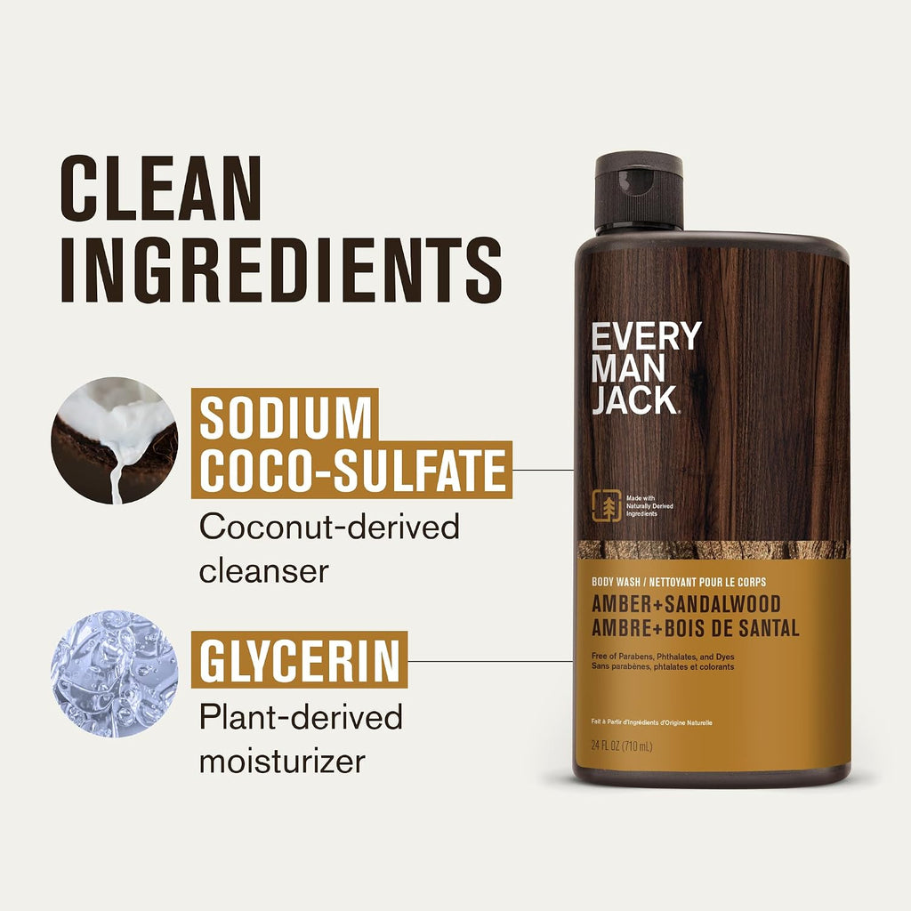 Every Man Jack Amber+Sandalwood Hydrating Mens Body Wash For All Skin Types-Cleanse, Nourish, And Hydrate Skin With Naturally Derived Ingredients-Paraben Free, Phthalate Free, Dye Free-24Oz(Pack Of 2)