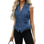 Lapel Denim Vest For Women Sleeveless Jean Waistcoat Vest Top