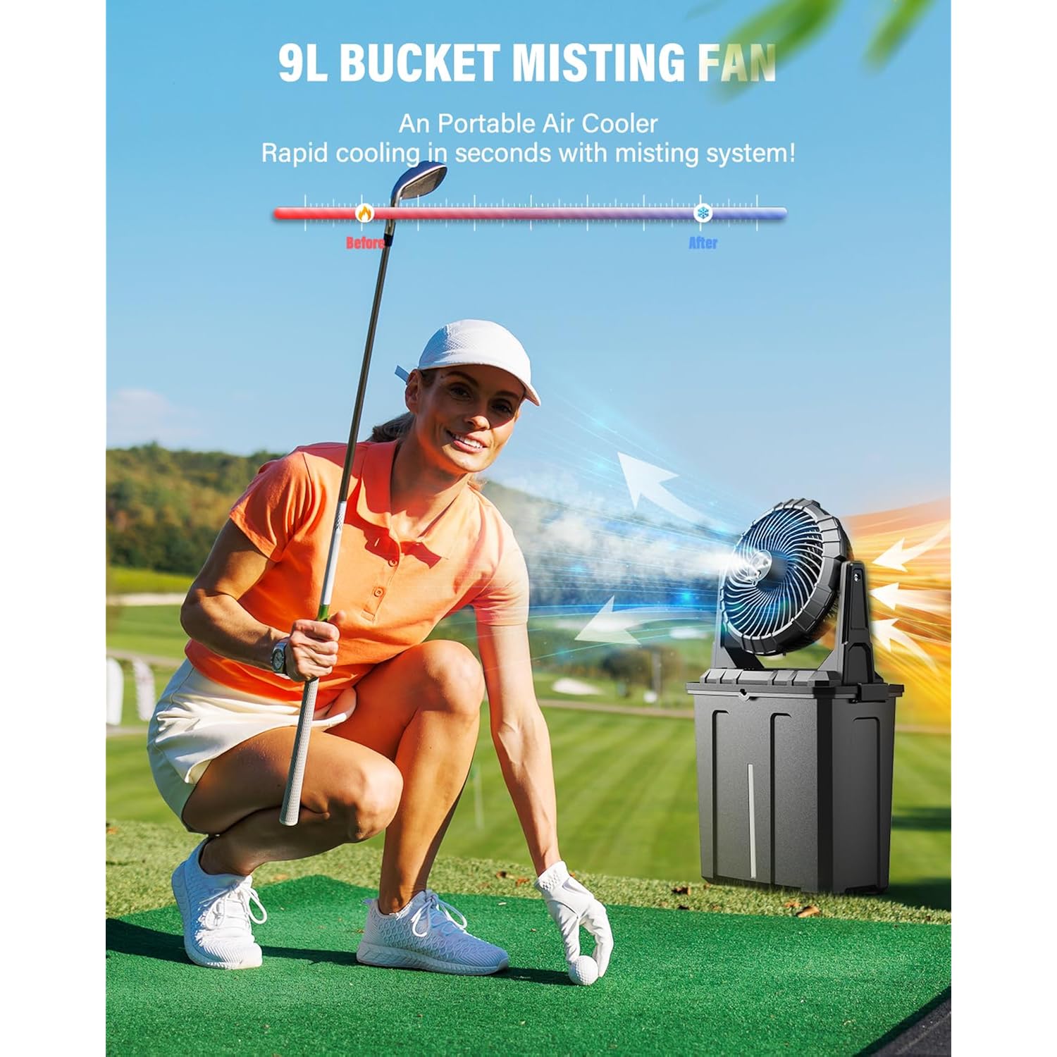 Ausic 10″ 9L Portable Misting Fan, [Max 55Hrs] Golf Cart Mister Fan For Outside Patios, 20000Mah Outdoor Rechargeable Battery Operated Water Cooling Fan, Summer Camping Essentials - 3 Spray Misters