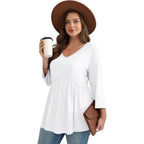 Ofeefan 3/4 Length Sleeve Womens Tops 2025 Blouses For Women Dressy Casual Fashion Clothing V Neck Babydoll Tops Fall Outfits