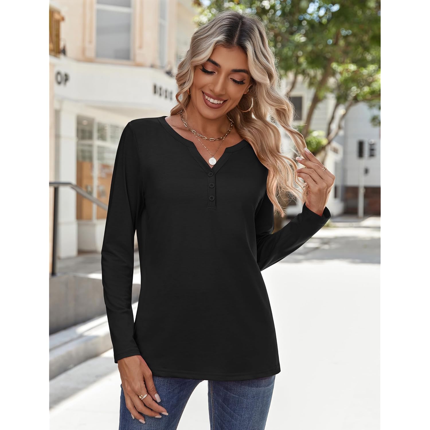 Long Sleeve Shirts for Women Casual V Neck Fall Tops Dressy Summer Work Blouses Clothes