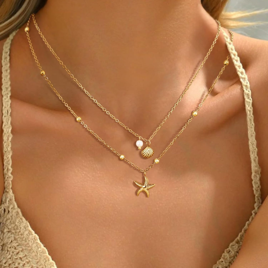 Shell Necklace for Women,14k Gold Plated Layered Starfish Conch SeaShell Pearl Pendant Charm Necklace,Non Tarnish Adjustable Stainless Steel Chain Stack Jewelry for Summer Beach Vacation