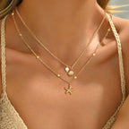 Shell Necklace for Women,14k Gold Plated Layered Starfish Conch SeaShell Pearl Pendant Charm Necklace,Non Tarnish Adjustable Stainless Steel Chain Stack Jewelry for Summer Beach Vacation