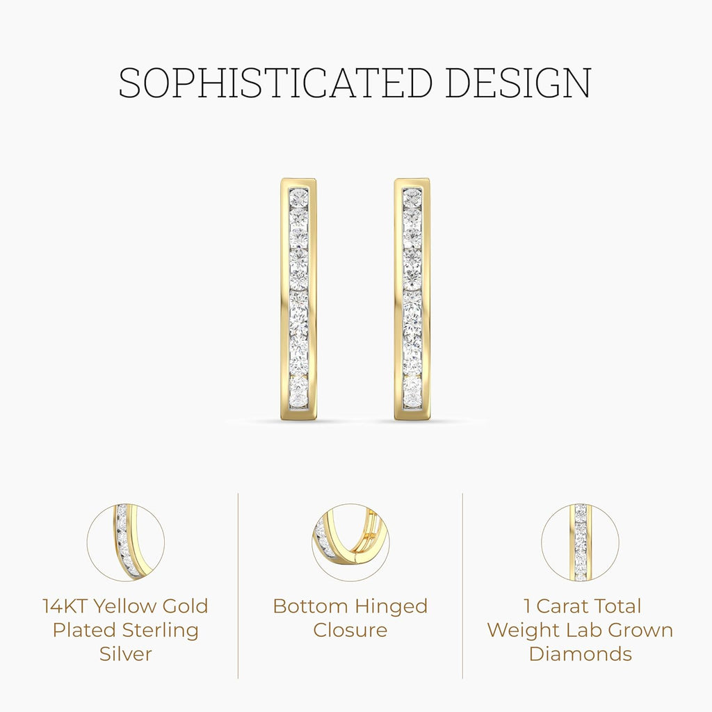 Gilded Lab-Grown Diamond Channel Set Hoop Earrings for Women in 925 Sterling Silver and 14KT Yellow Gold Plated Silver | Hypoallergenic Fine Jewelry | Hinged Closure | SI1 Clarity, F Color |1/4,1/2, 1 Carat Total Weight