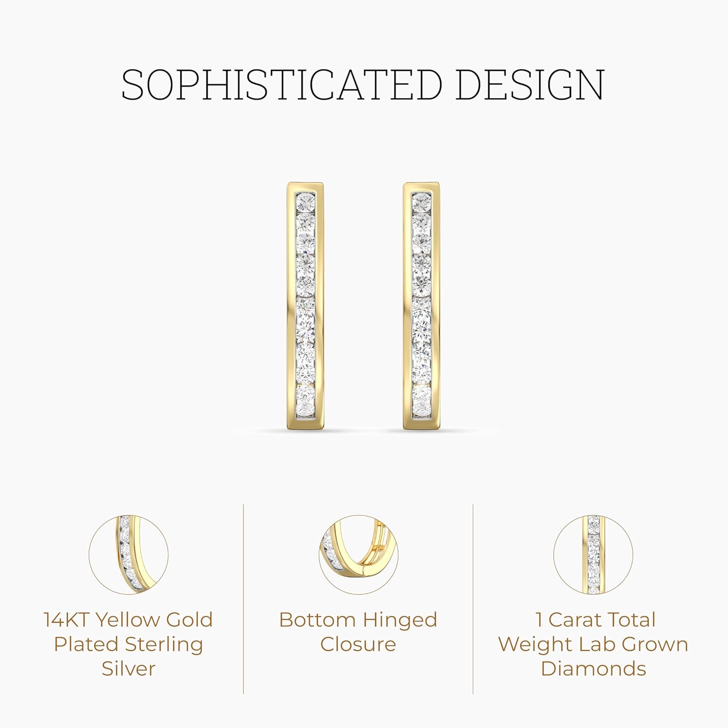 Gilded Lab-Grown Diamond Channel Set Hoop Earrings for Women in 925 Sterling Silver and 14KT Yellow Gold Plated Silver | Hypoallergenic Fine Jewelry | Hinged Closure | SI1 Clarity, F Color |1/4,1/2, 1 Carat Total Weight