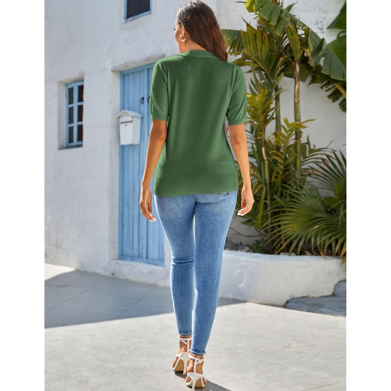 Kate Kasin Women Short Sleeve Polo Sweater V Neck Knitted Tops Casual Ribbed Shirt Loose Pullover Sweater