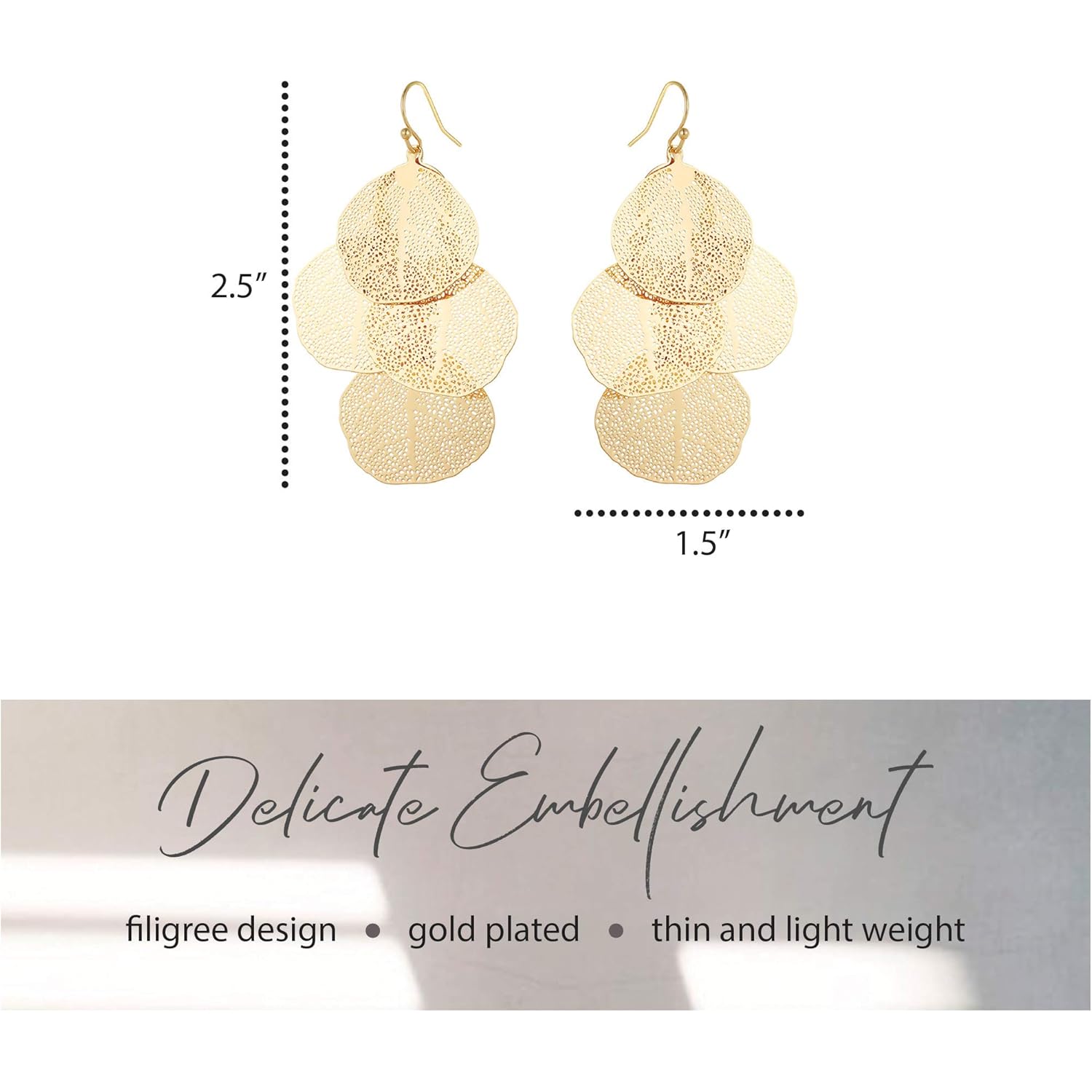 Bohemian Boho Filigree Leaf Chandelier Dangle Earrings for Women – Handcrafted Delicate – 14K Gold Plated – Lightweight