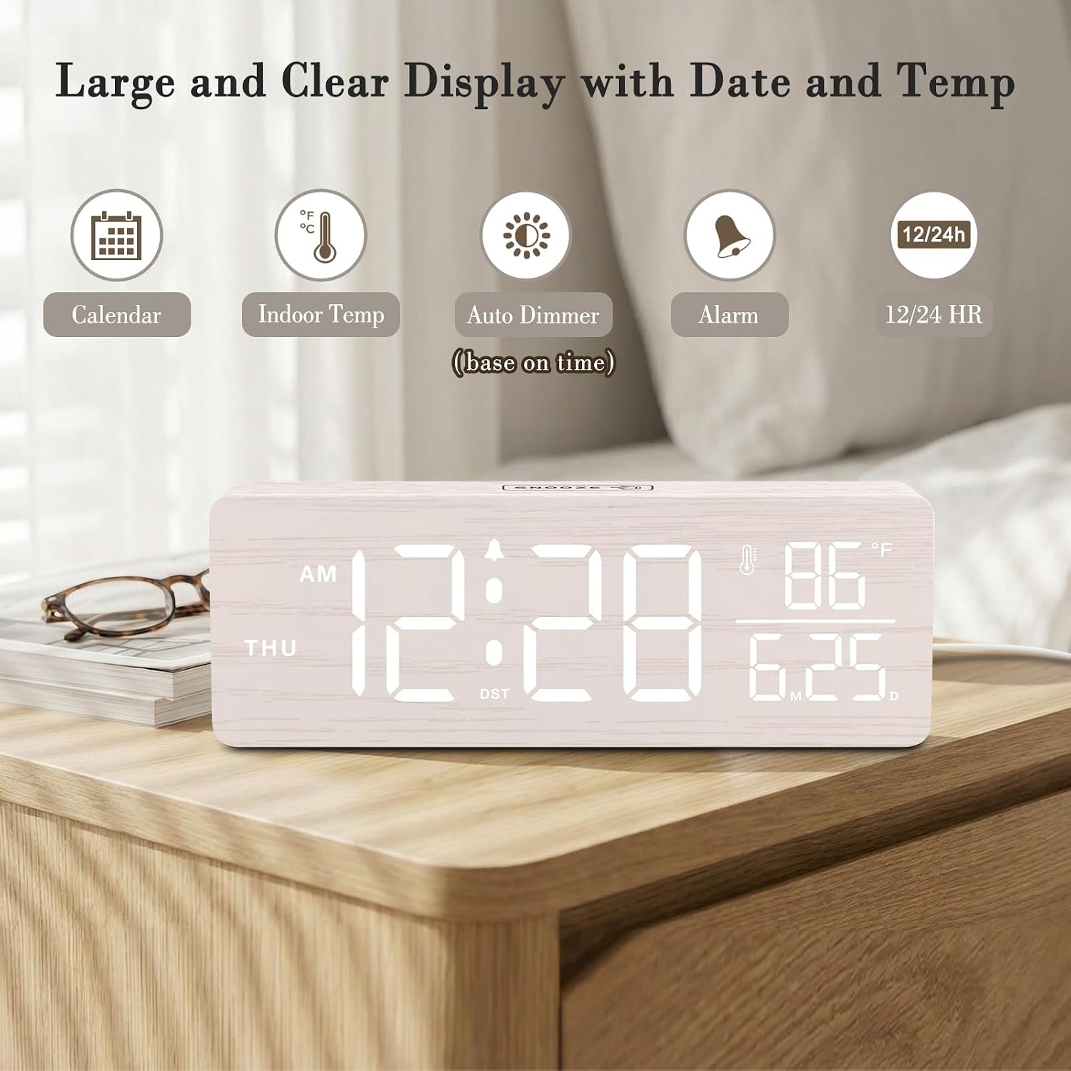 Dreamsky Wooden Digital Alarm Clock With Date & Day Of Week For Bedroom | Large Display Desk Clock For Living Room, Temperature, Dimmer, Adjustable Volume, Auto Dst, Office Wood Décor (Plug-In)