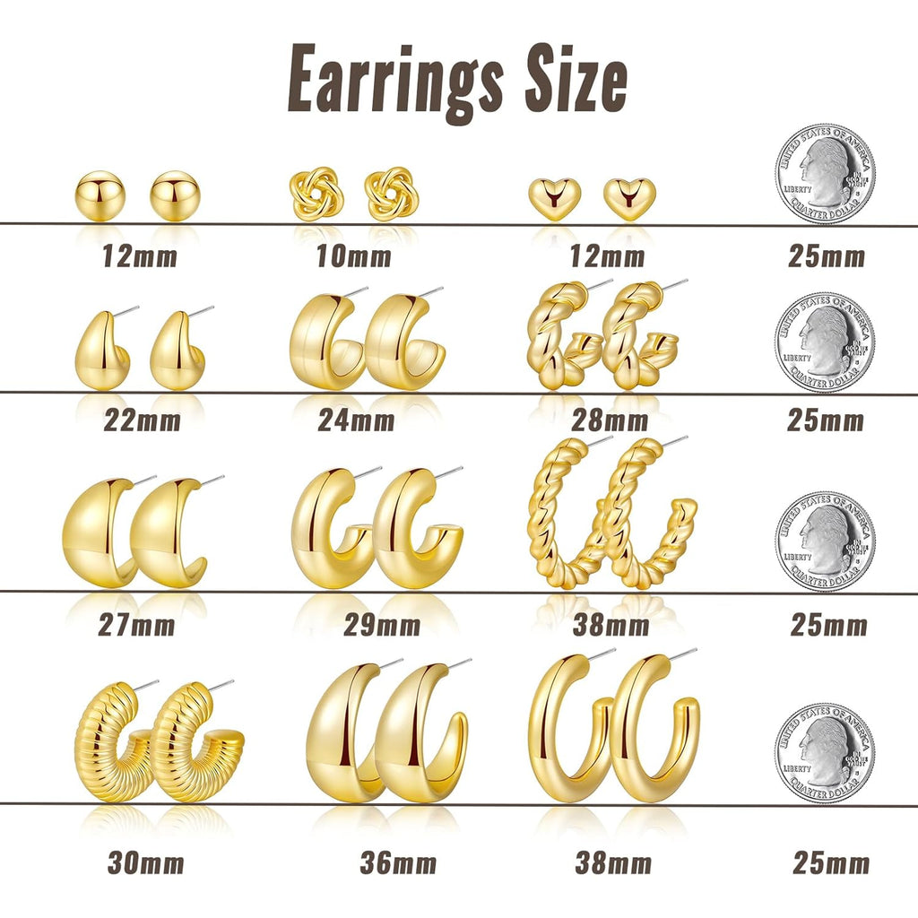 12 Pairs Chunky Gold Hoop Earrings for Women Trendy, Gold Plated Lightweight Hypoallergenic Stack, Thick Open Twisted Huggie Hoops Earring Set