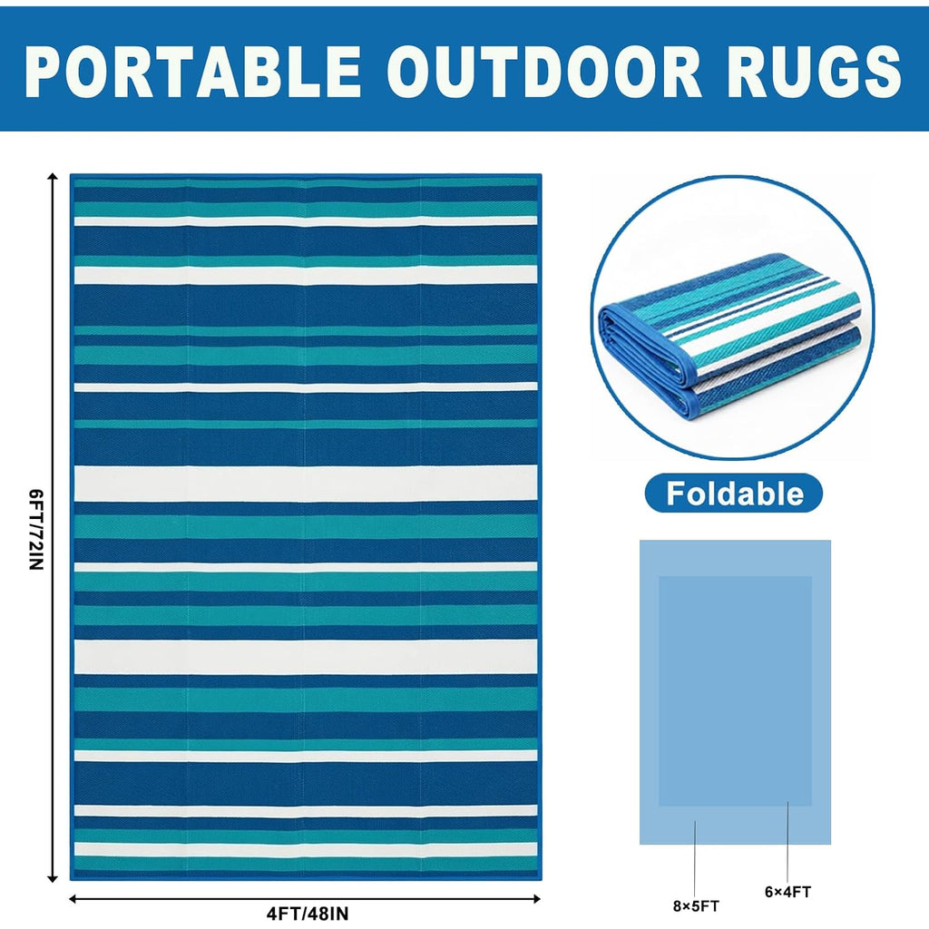 Outdoor Rug Camping Essentials - 4X6 Ft Outdoor Plastic Straw Rug For Patio Clearance, Waterproof Rv Essentials Outside Area Rug For Deck Garden, Backyard Patio Furniture Set, Blue White