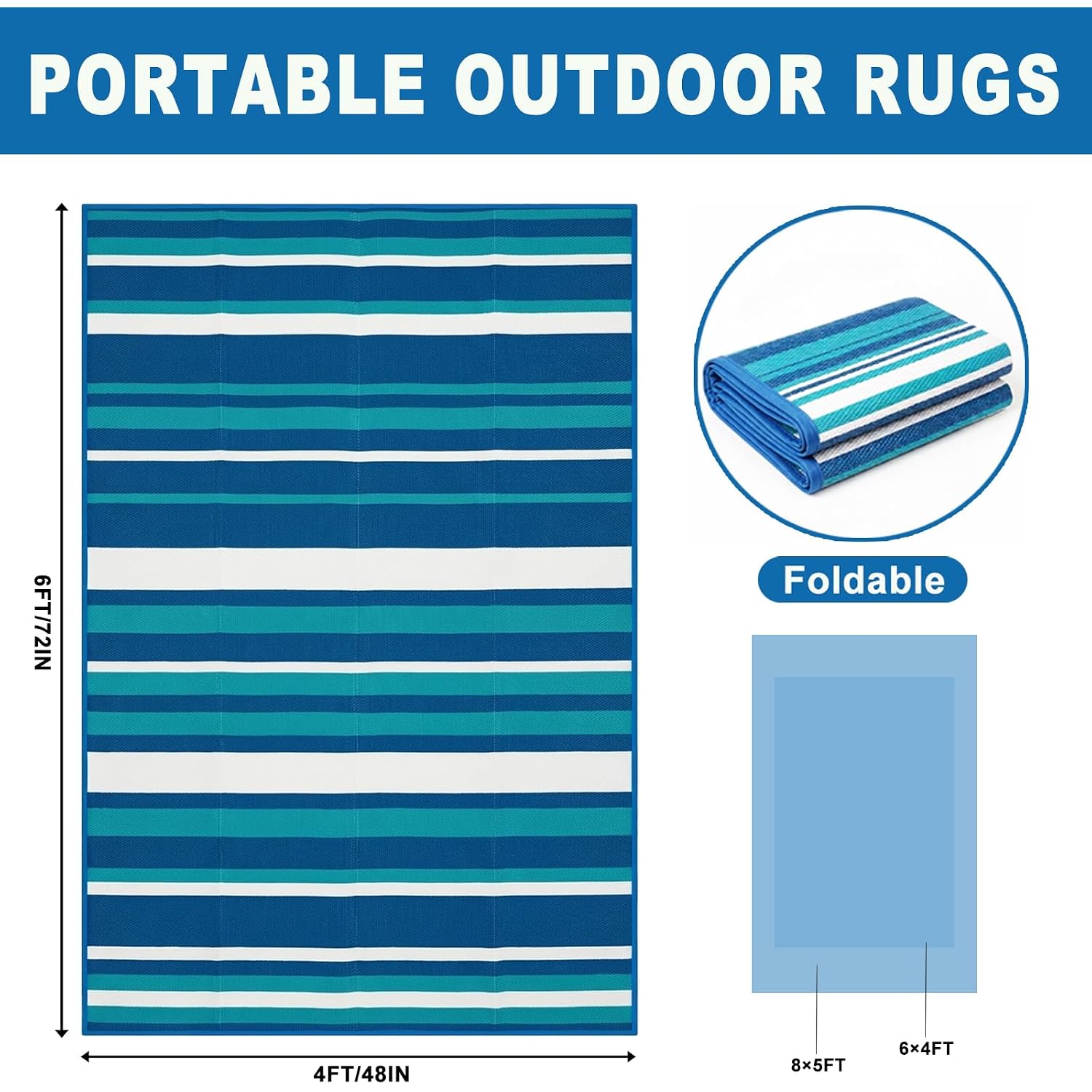 Outdoor Rug Camping Essentials - 4X6 Ft Outdoor Plastic Straw Rug For Patio Clearance, Waterproof Rv Essentials Outside Area Rug For Deck Garden, Backyard Patio Furniture Set, Blue White