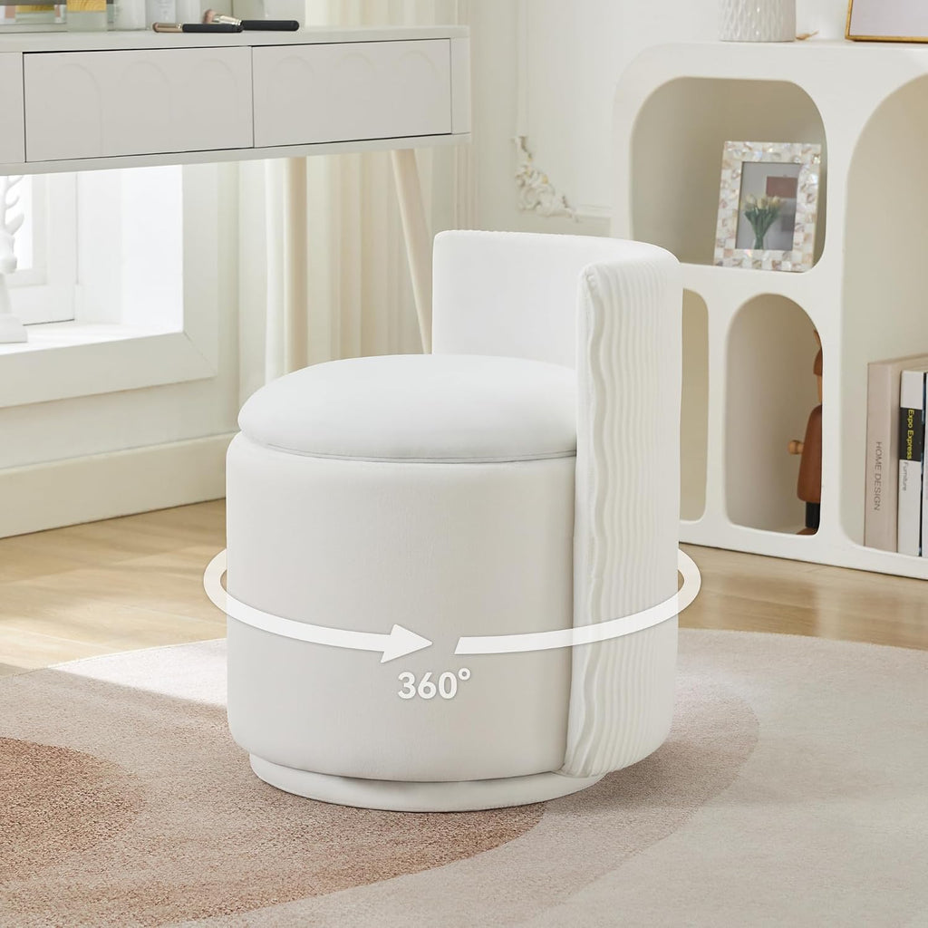 Velvet Vanity Chair With Storage, 360° Swivel Makeup Chair With Wave Back, No Assembly Small Accent Stool For Bedroom, Dressing, Living Room, White