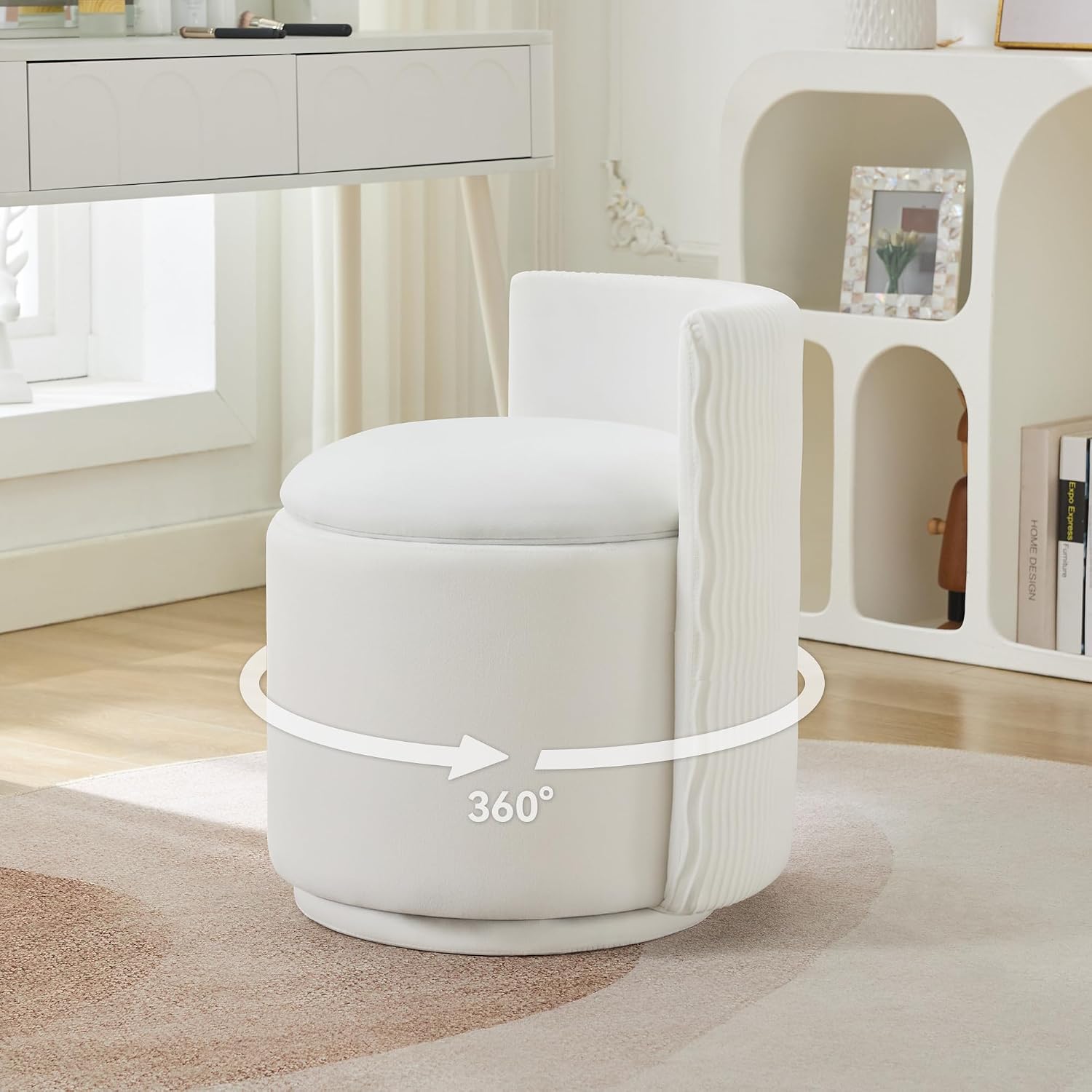 Velvet Vanity Chair With Storage, 360° Swivel Makeup Chair With Wave Back, No Assembly Small Accent Stool For Bedroom, Dressing, Living Room, White