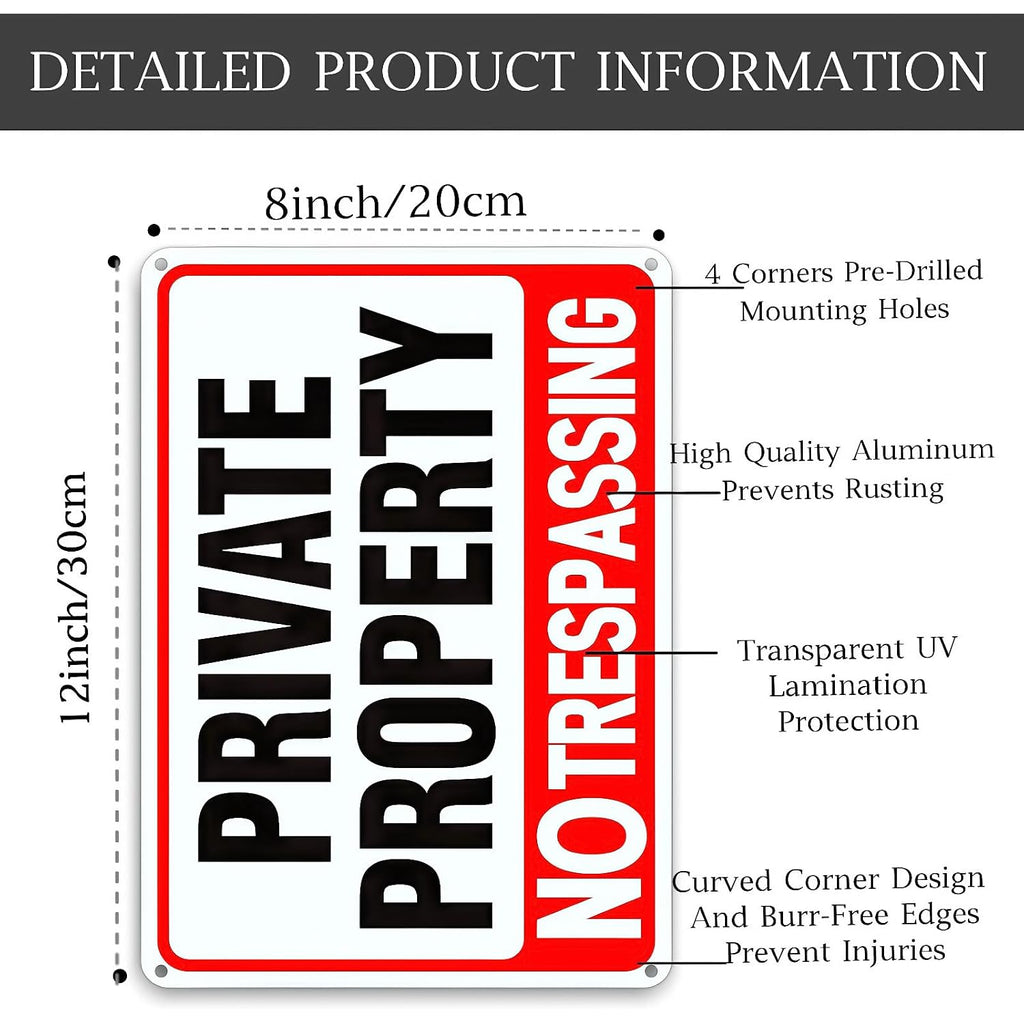 4 Pack Large No Trespassing Signs Private Property, 12X8 In Aluminum Sign | Reflective Aluminum Signs, Which Are Weather - Resistant And Easy To Install, Are Suitable For Courtyards, Gates And Fences