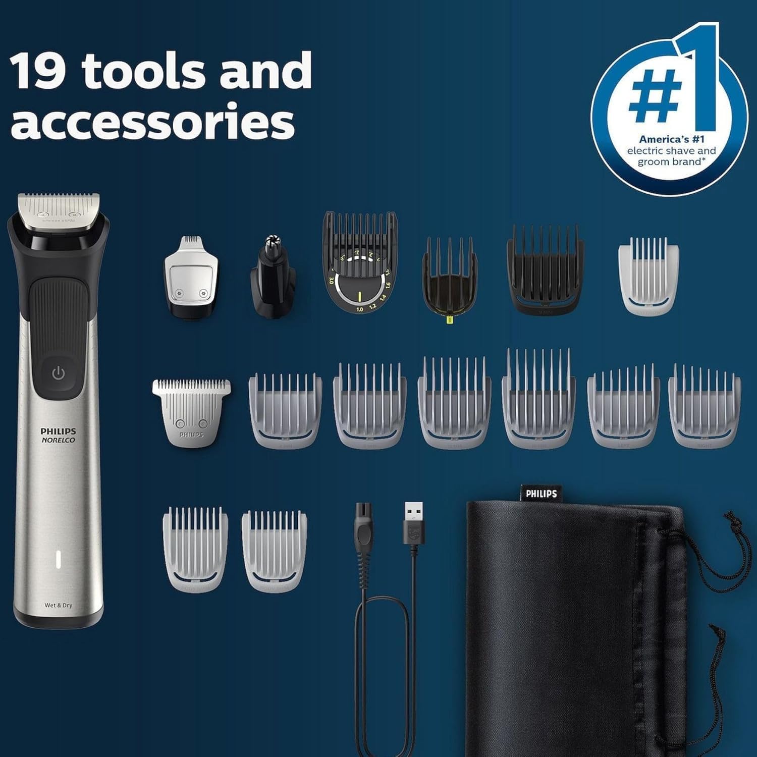 Philips Multigroom 7000 Series 21 Piece Beard Trimmer for Men, Hair & Body Grooming Kit, Precision Trimming Comb with Self-Sharpening Steel Blades, All-in-one Trimmer, Water Resistant