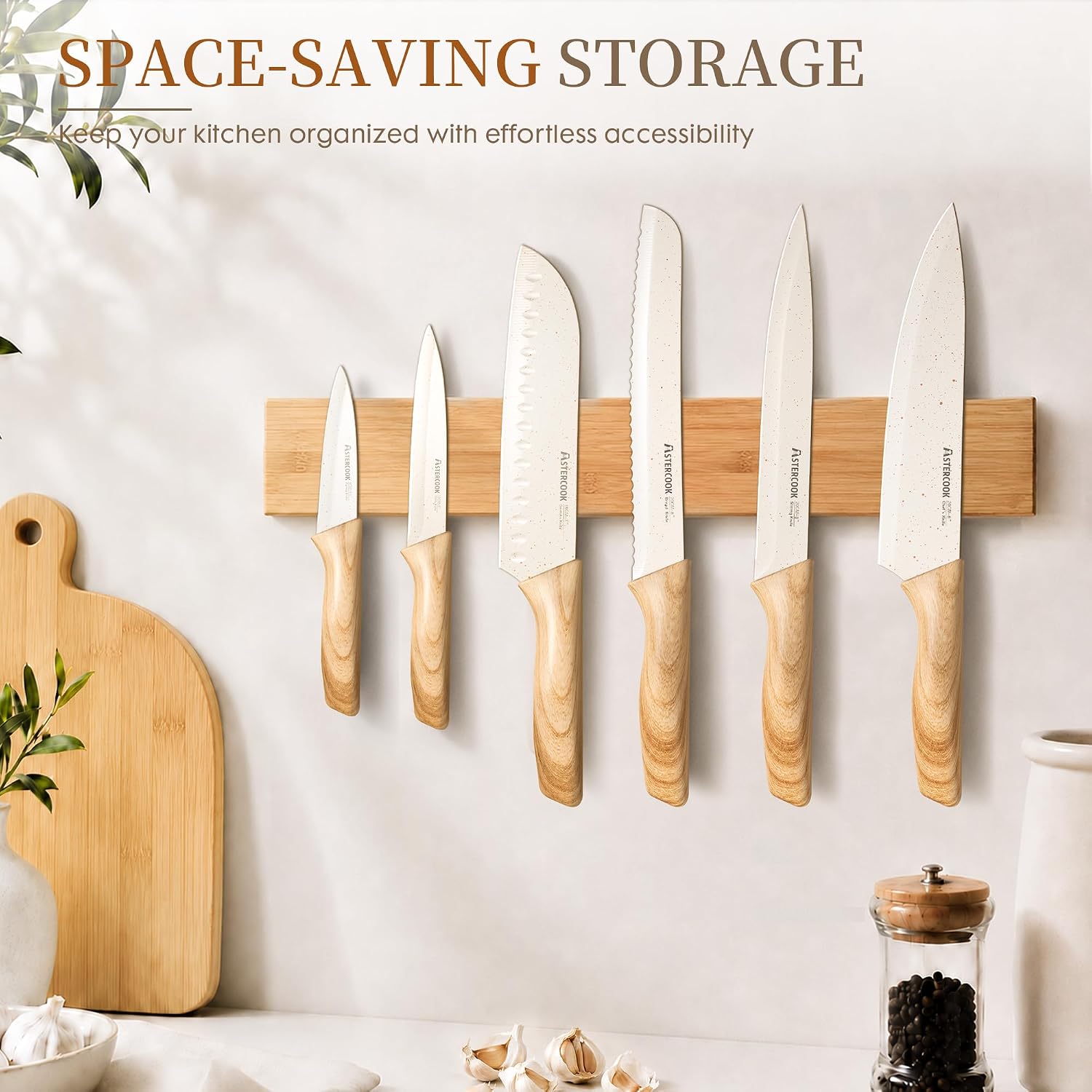 Astercook Knife Set, 13 Pieces Kitchen Knives Set With Ceramic Coating, Stainless Steel Chef Knife Sets With 6 Blade Guards, Dishwasher Safe Knives With Wood Grain Handle, Elegant White