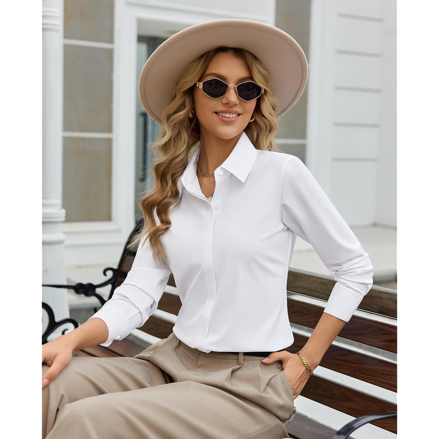 Womens Stretch Button Down Shirt Fitted Dress Shirt Long Sleeve Wrinkle Free Collared Business Casual Blouse
