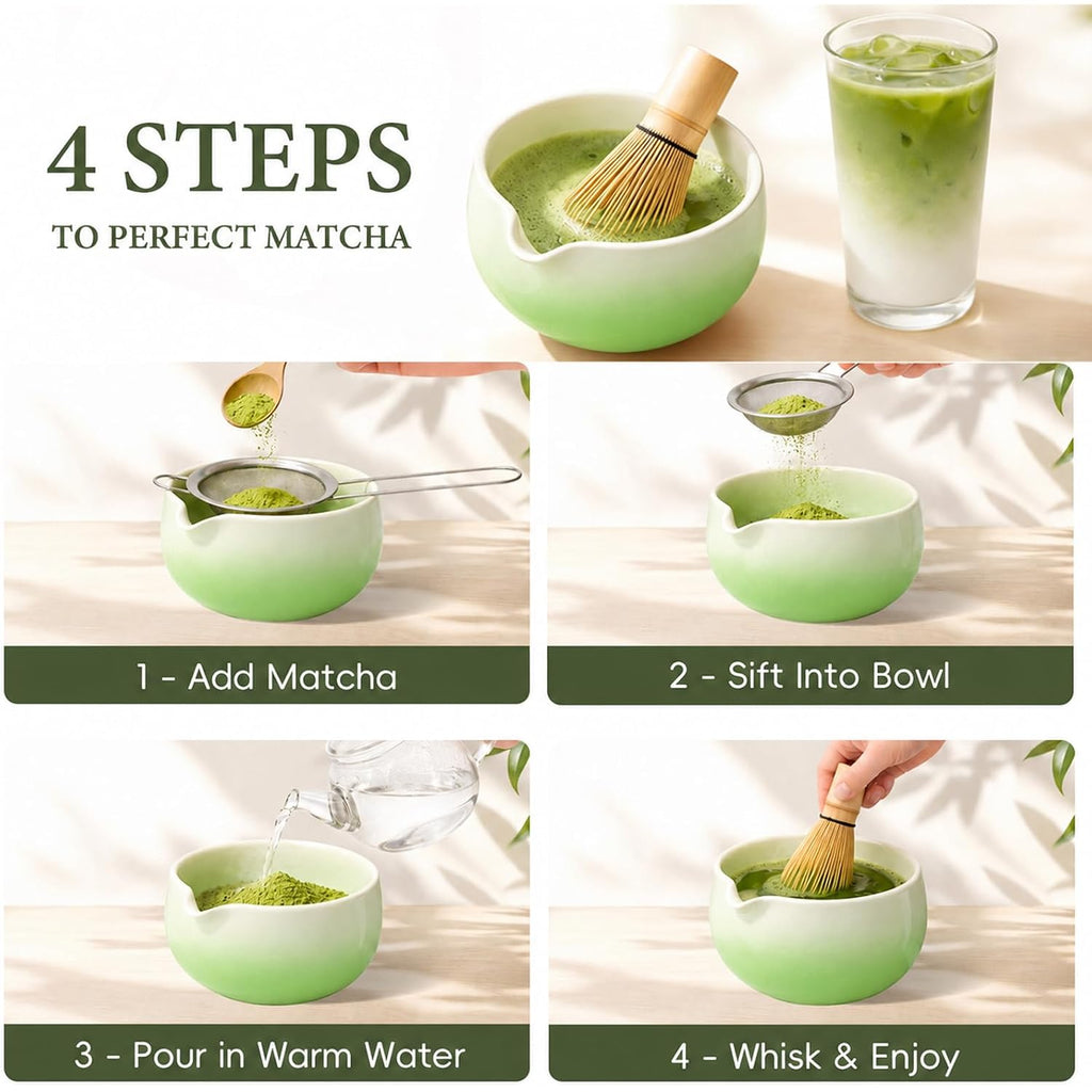 Matcha Whisk Set, Ceramic Matcha Set Includes Bowl & Holder, Bamboo Whisk (Chasen), Scoop, Spoon And Sifter, 6Pcs Matcha Kit Covers Everything Needed For Making Matcha (Green)