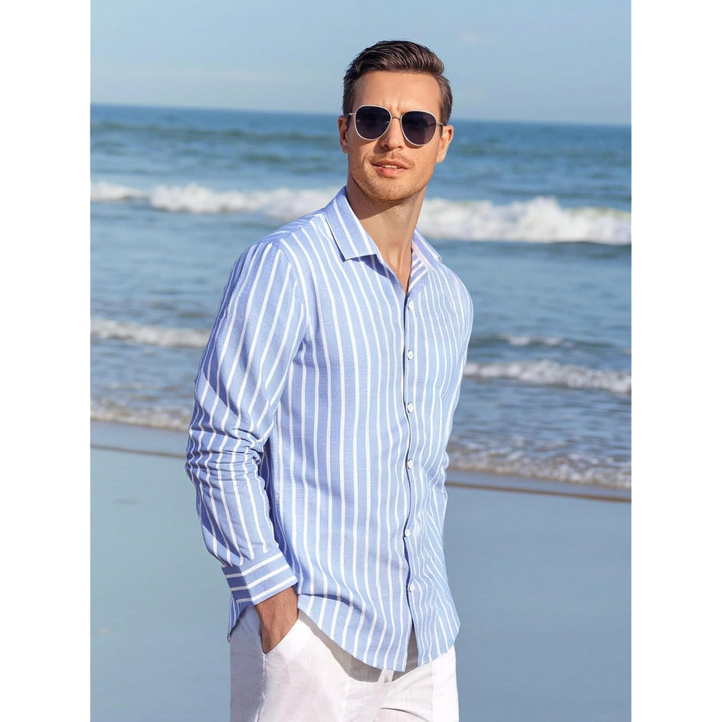 Alex Vando Mens Linen Long Sleeve Casual Button Down Shirt For Men Beach Wedding Shirts