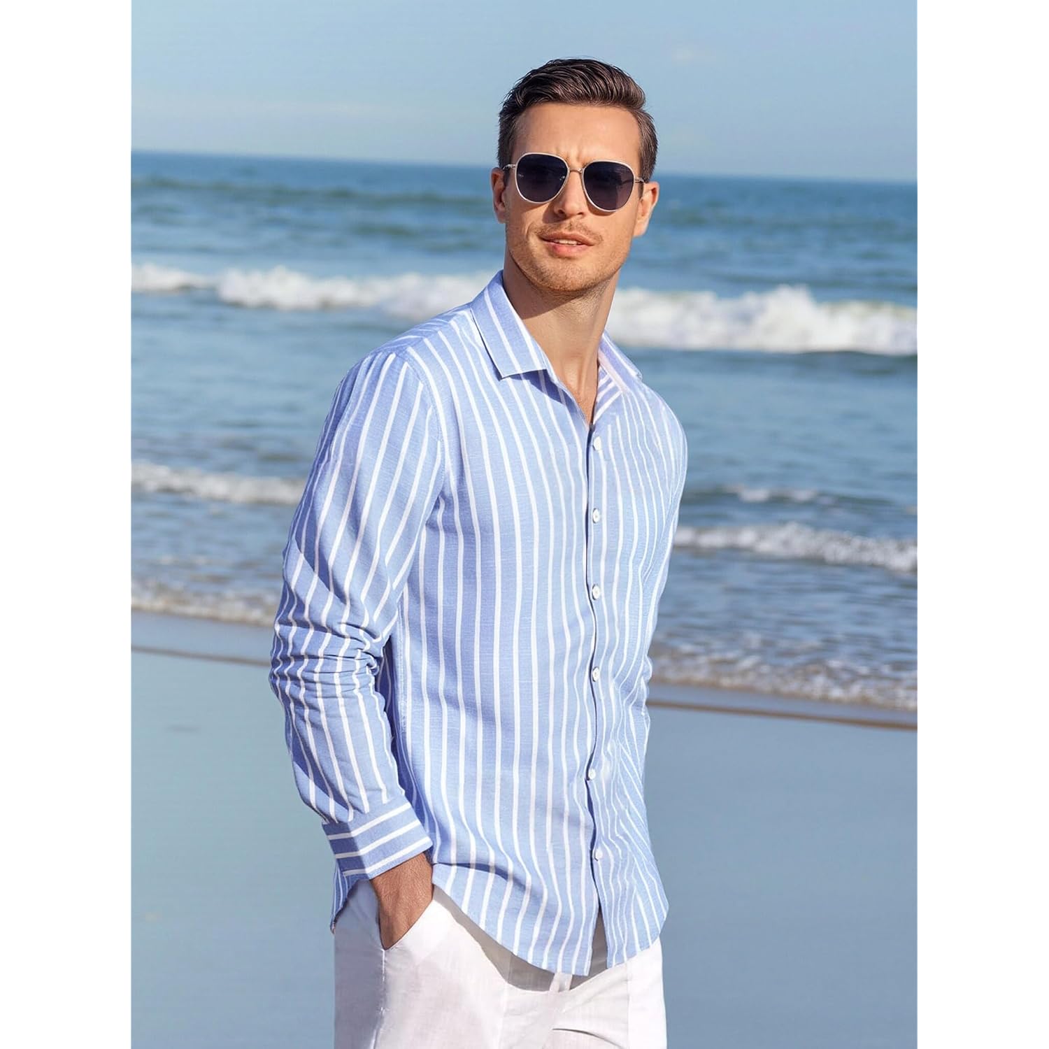 Alex Vando Mens Linen Long Sleeve Casual Button Down Shirt For Men Beach Wedding Shirts