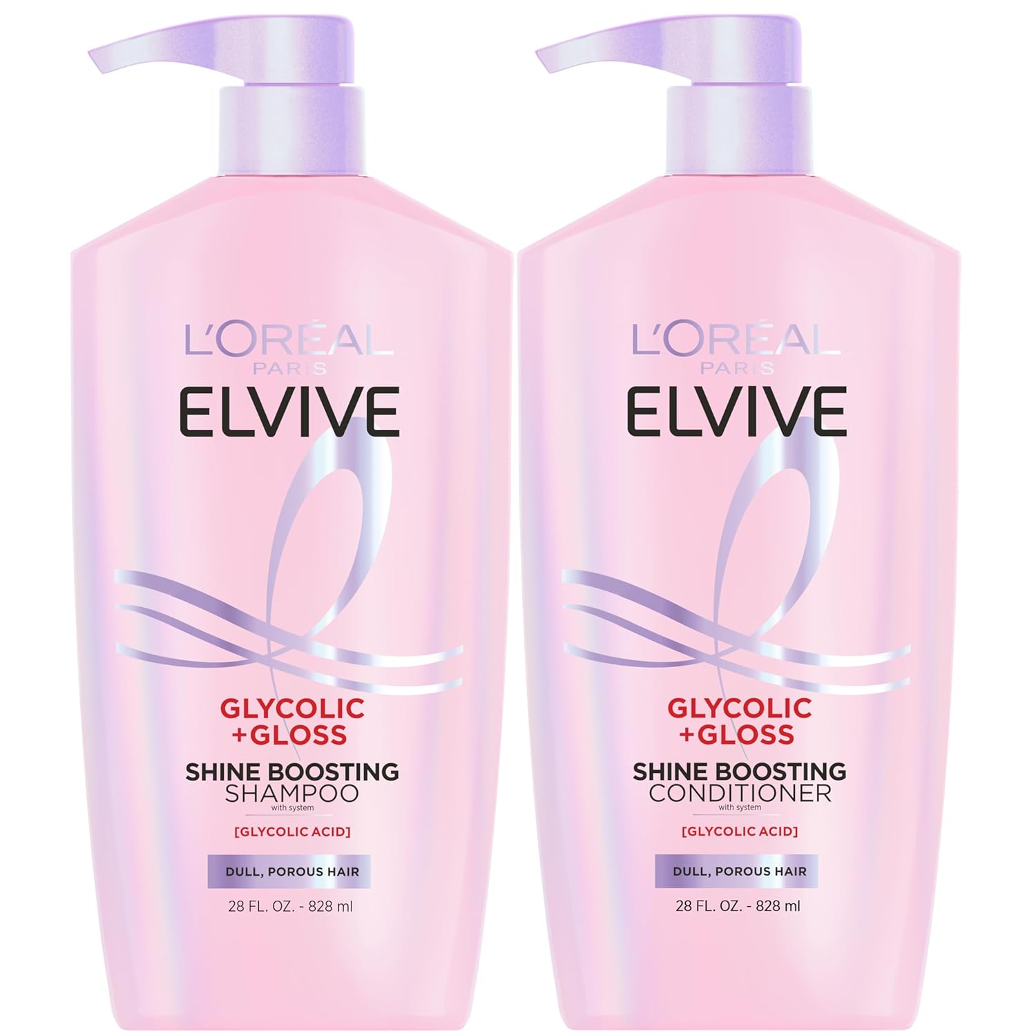 L'Oreal Paris Elvive Glycolic + Gloss Shine Boosting Shampoo and Conditioner Set, Cleanses and Smooths Dull, Porous Hair Into High-Shine, Glossy Hair, 1 Kit