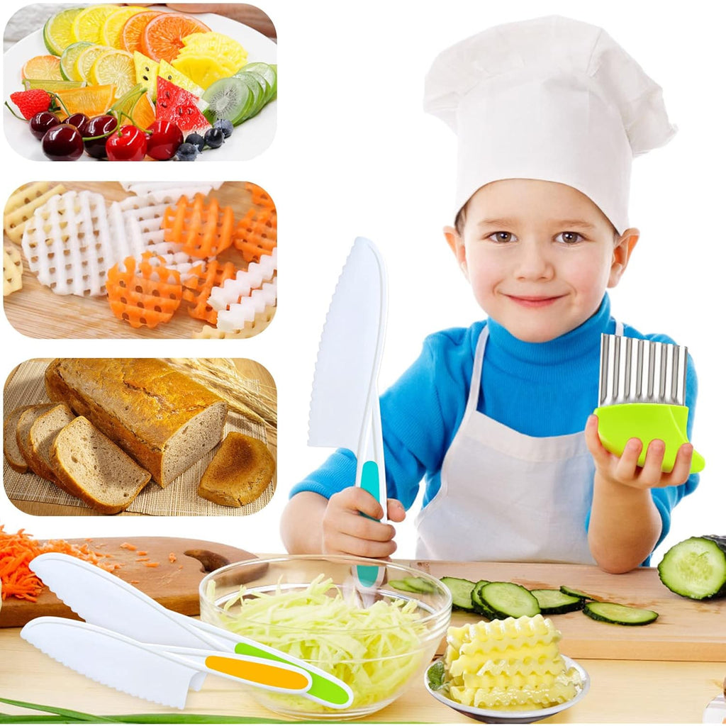 TAORISH 4 Pcs Kids Knife Set, Kids Kitchen Knife with Crinkle Cutter, Serrated Edges Plastic Toddler Chef Knife for Real Cooking & Cutting Fruit Bread