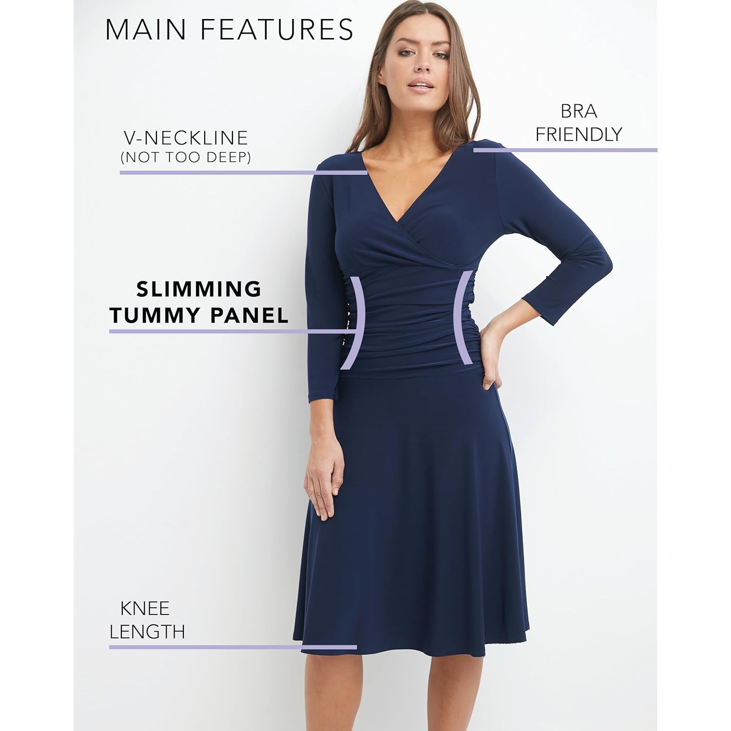 Women's Slimming 3/4 Sleeve Fit-and-Flare Crossover Tummy Control Dress
