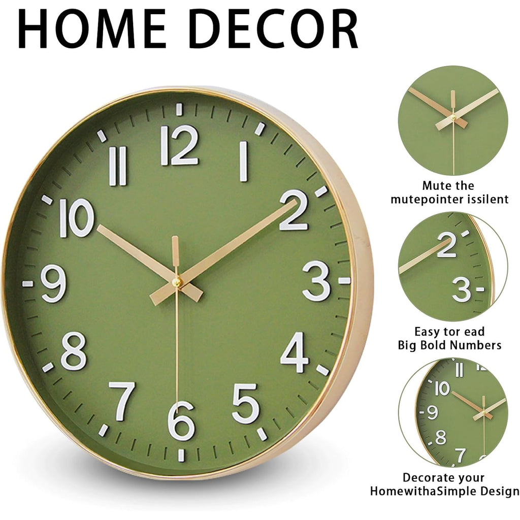 Hzdhclh Wall Clocks Battery Operated,Wall Clock Green Gold,8 Inch Wall Clock Silent Non Ticking Modern 3D Numbers For Kitchen Bedroom Living Room Office Classroom Decor