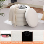 Teddy Sherpa Round Ottoman With Storage, Modern Upholstered Vanity Stool Foot Rest, Small White Boucle Storage Ottoman For Bedroom, Living Room, Entryway, Dorm