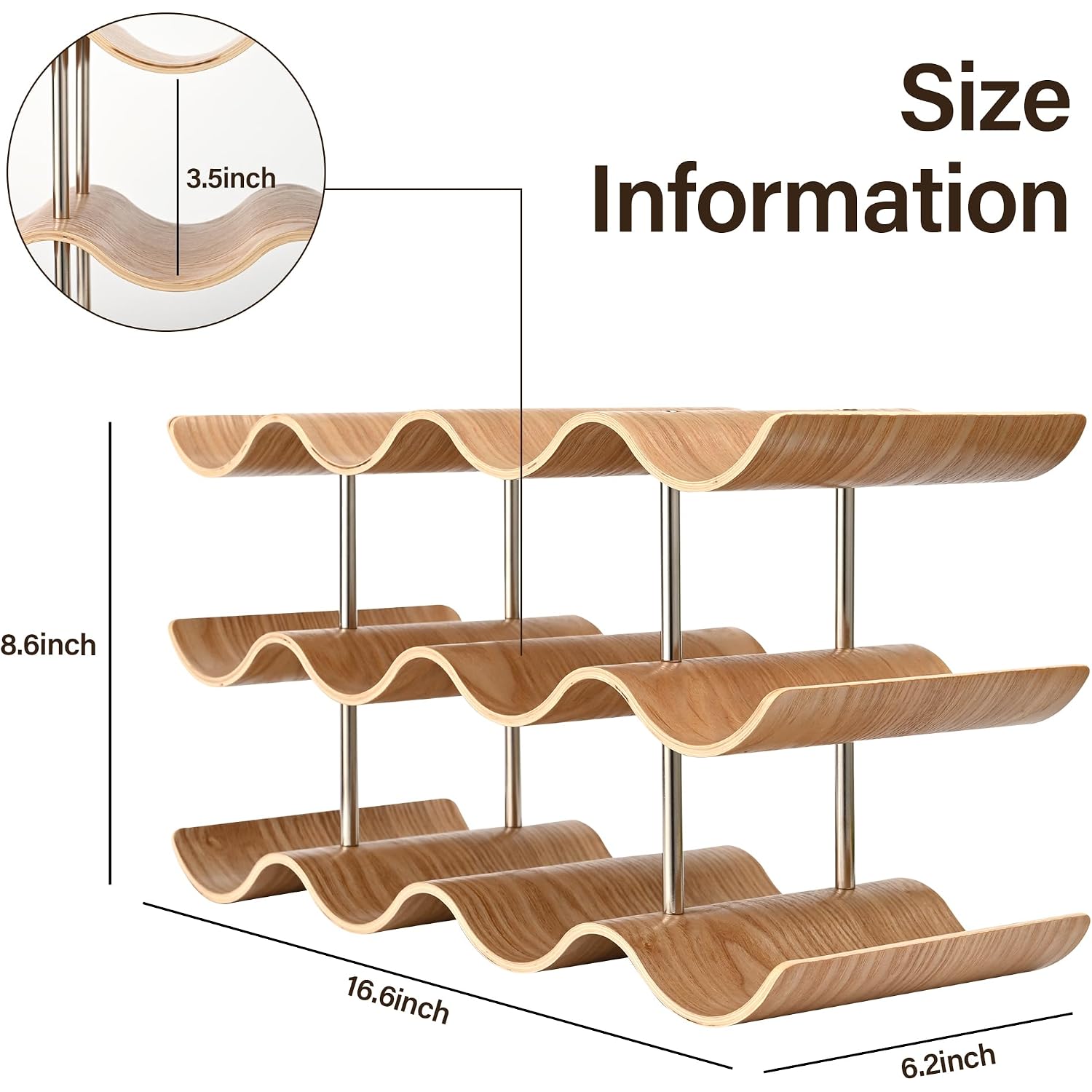 Countertop Wine Rack - 12 Bottle Freestanding Wine Bottle Holder Stand - 3 Tier Wooden Wine Storage Rack - Wavy Wine Organizer For Cabinet Pantry Home Kitchen Bar