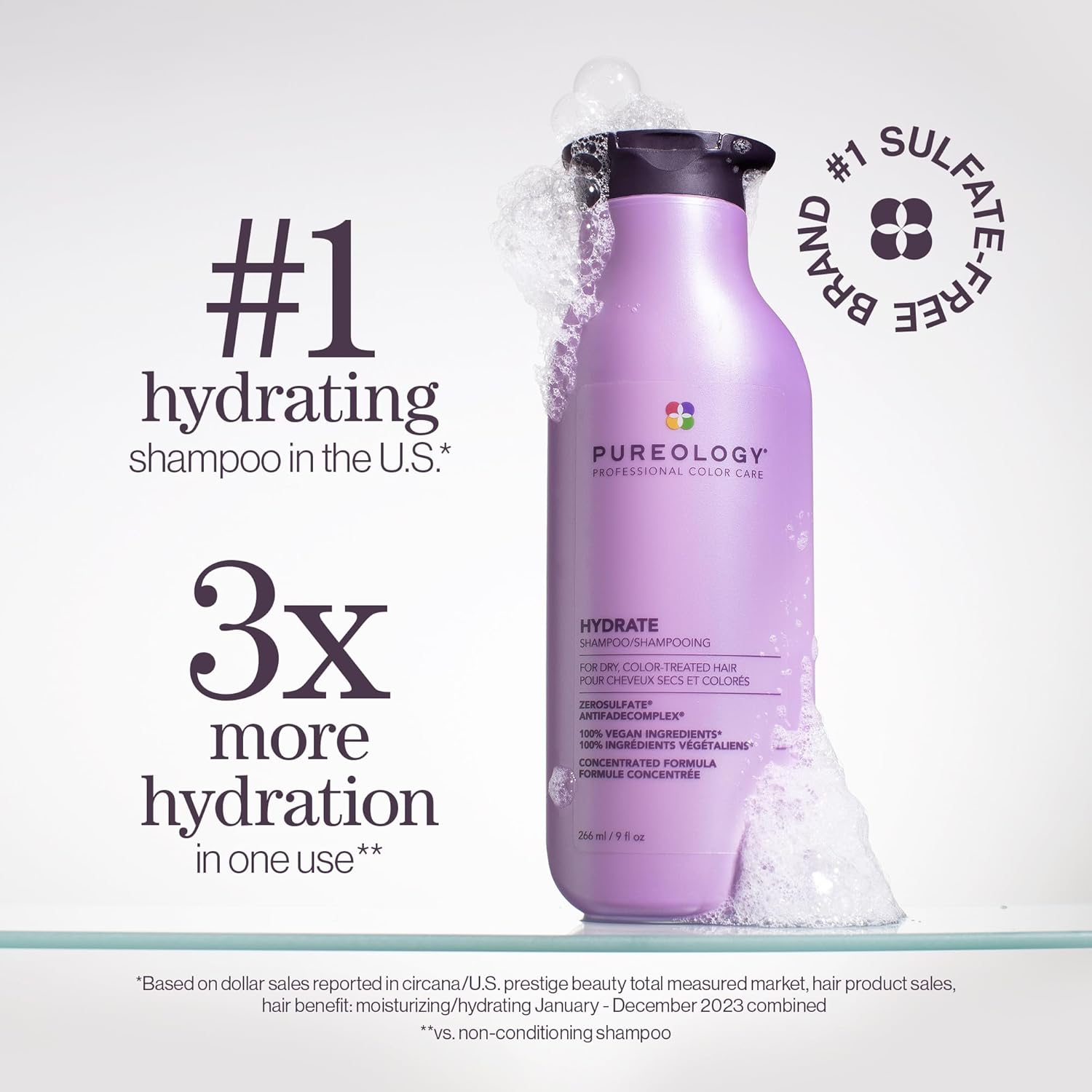 Pureology Hydrate Shampoo - For Dry or Color Treated Hair, Moisturizing Shampoo For Hydration & Softness, With Rose Extract & Green Tea, Vegan & Sulfate-Free