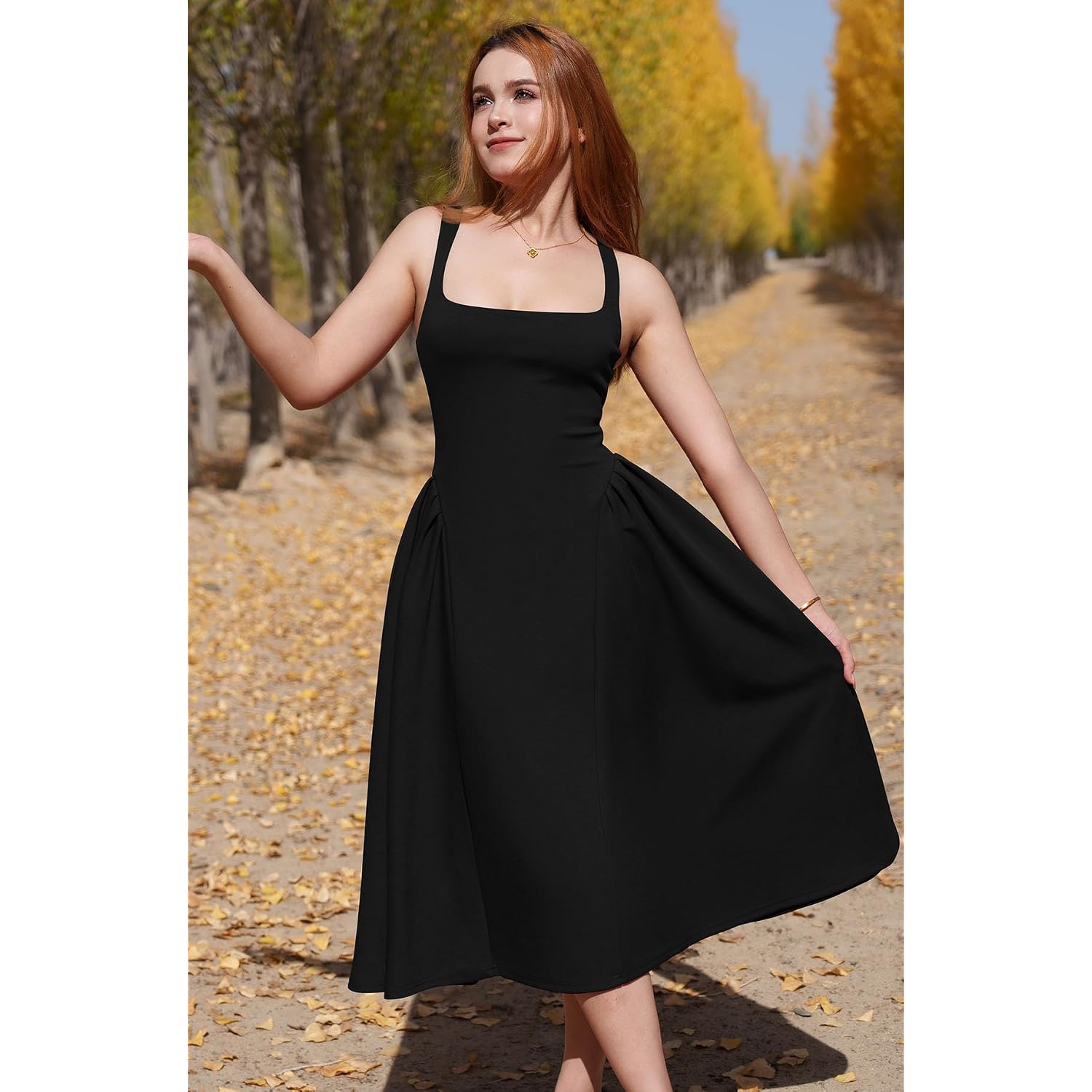 Memoriesea Women'S Elegant Square Neck Swing A Line Wedding Evening Party Midi Dress
