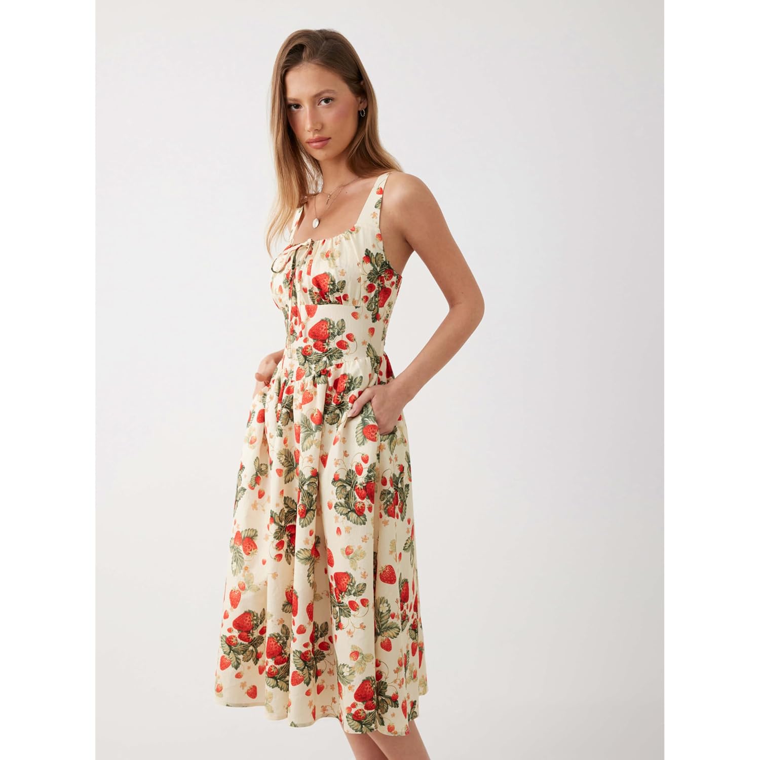 Cider Women'S Strawberry Floral Maxi Dress Sleeveless Square Neck Flowy Milkmaid Dress Cottage Core Trendy Summer Outfits