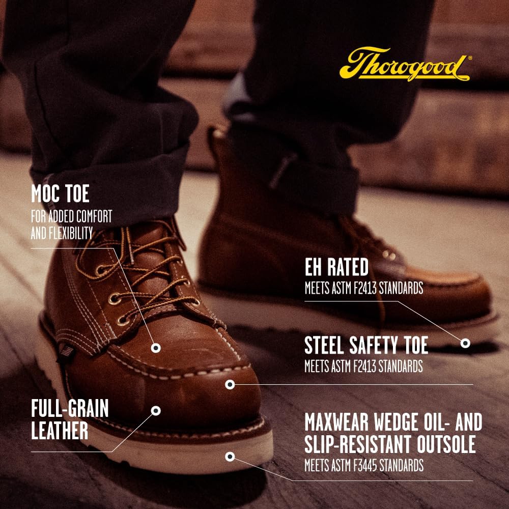 Thorogood American Heritage 6” Steel Toe Work Boots For Men - Full-Grain Leather With Moc Toe, Slip-Resistant Wedge Outsole, And Comfort Insole; Eh Rated