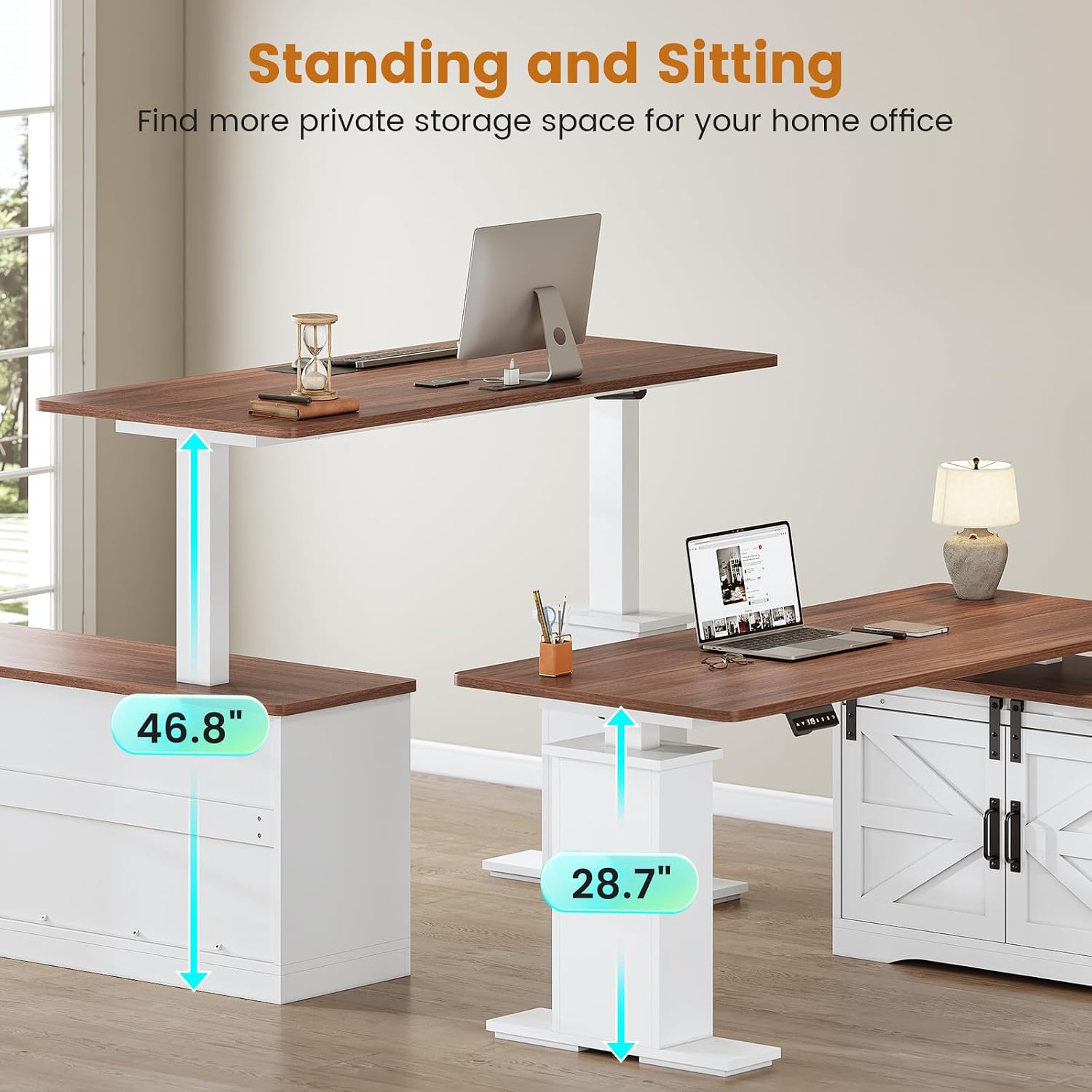 Sedeta Farmhouse L Shaped Standing Desk, 55 Inch Height Adjustable Corner Desk With Storage Drawers, Standing Computer Desks With Power Outlets For Home Office, White