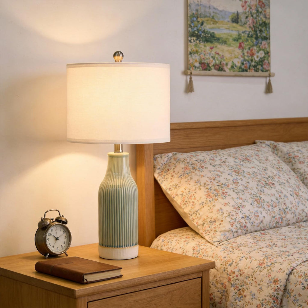 23.75" Modern Ceramic Table Lamps Set Of 2, Stylish Bedside Lamps For Bedroom, Gorgeous Lamps For Nightstand, Lamps For Living Room, Farmhouse End Table Lamps, Light Green Home Decor