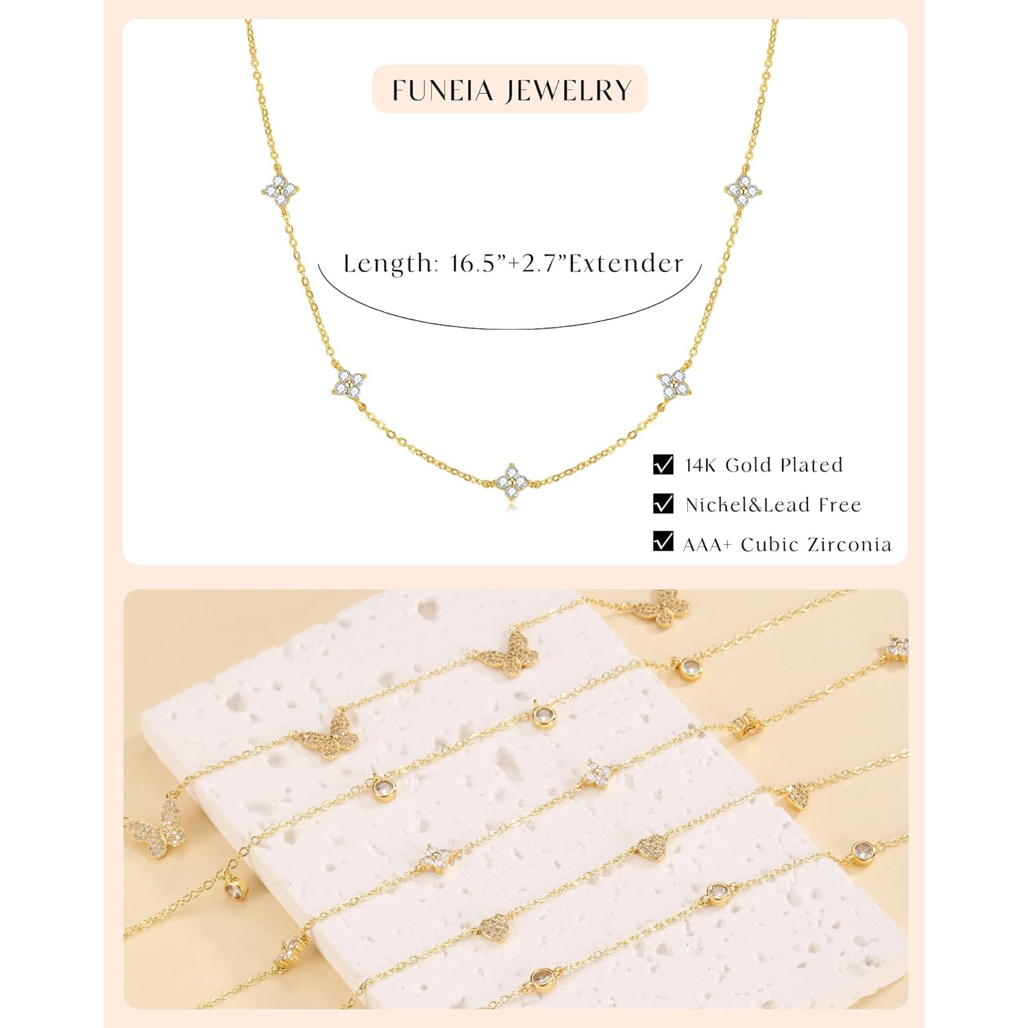 FUNEIA Dainty Silver Gold Necklaces for Women Trendy Non Tarnish 14K Gold Plated Cubic Zirconia Necklace Layered Cute Butterfly Heart Station Choker Necklace Stack for Wedding Prom Brides Jewelry