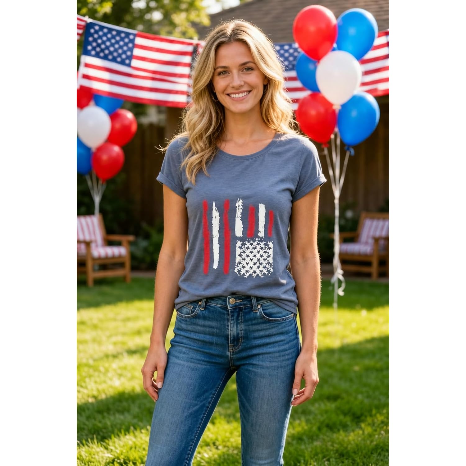 Women's Floral T-Shirts Graphic Loose Tees Sunflower Graphic Summer Short Sleeve Boho Casual Tops Flag-b