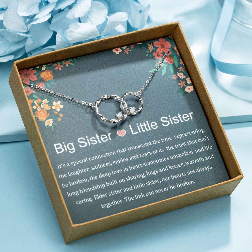 AnalysisyLove Sister Gifts, Sterling Silver Interlocking 2 Circles Necklace for Big & Little Sisters, Sister Birthday Gifts from Sisters